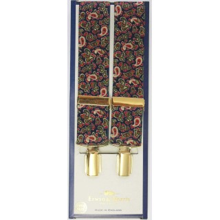 Erwin & Morris Made in UK Navy Paisley 35mm Elastic Gold Coloured 4 Clip Braces