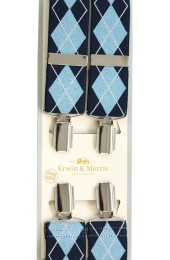 Erwin & Morris made in UK Light Blue and Navy  Diamond check Fashion 35mm Nickel Feathered 4 Clip Braces