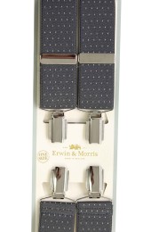 Erwin & Morris made in UK  Grey & White pin dot 35mm Nickel Feathered 4 Clip Braces