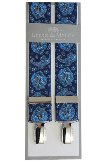 Erwin & Morris Made in UK Blue Edwardian Paisley 35mm 4 Clip Braces