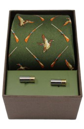 Green Flying Ducks And shotgun Cartridge Tie & Cufflink Set