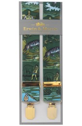 Erwin & Morris Made In UK Fly Fishing Green 35mm Gilt Feathered 4 Clip X Back Braces