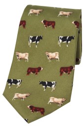 Soprano Different Cow Breeds Printed Men's Silk Tie On a Country Green Background