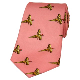 Soprano Flying Pheasants On Salmon Pink Ground Country Silk Tie