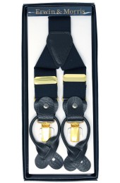 Erwin & Morris Made In UK Navy 2 in 1 Luxury 35mm Gilt Clip Or Leather End Trouser Braces