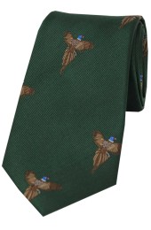 Soprano Flying Pheasants On Forest Green Ground Country Silk Tie