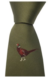 Soprano Single Motif Standing Pheasant On Green Ground Country Silk Tie
