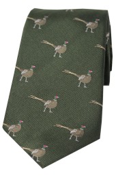 Soprano Standing Male Pheasant on Green Ground Country Silk Tie