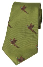 Soprano Flying Pheasants On Moss Green Ground Country Silk Tie