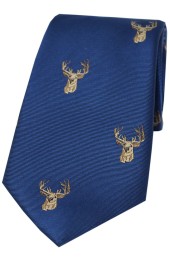 Soprano Stags Heads On Blue Ground Country Silk Tie