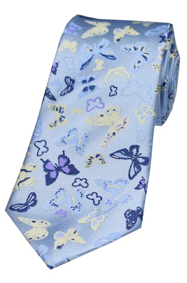 Multicoloured Butterflies on Pastel Blue Ground Luxury Silk Tie